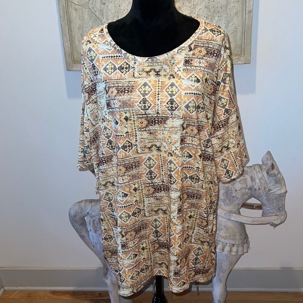 LuLa Roe color fall hues print tunic short sleeve top Sz 2 X‎